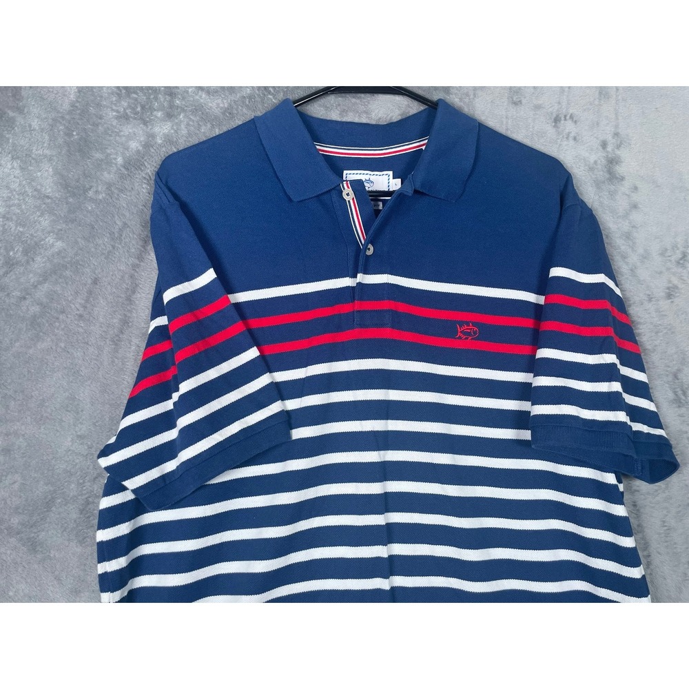 Southern Tide Classic Fit Blue Red White Striped Skipjack Polo Shirt Mens Large